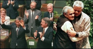 Left Mandela at Canadian Parliament, 1990; Right embracing Indian PM, Atal Behari Vajpayee at the NAM Summit, 1998
